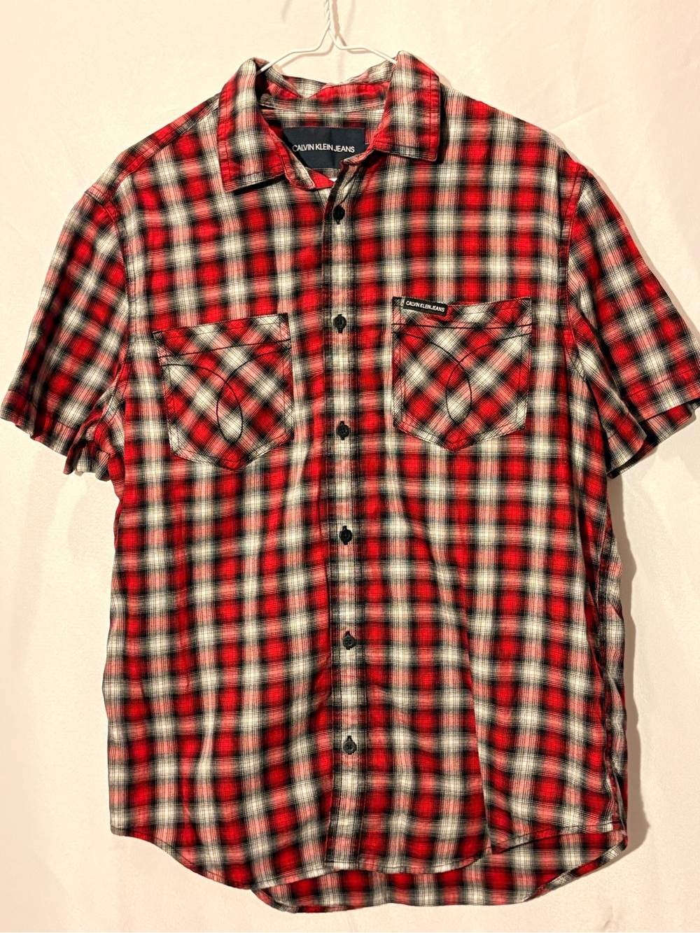 Calvin Klein Red and Black Plaid Short-Sleeve Button-Down Shirt